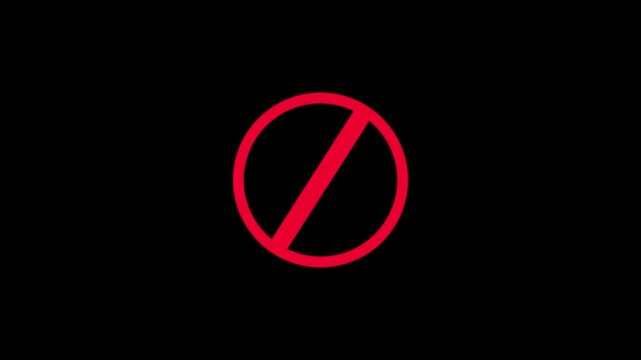  ban icon animation stop wrong problem attention carfull warning animated. Neon Prohibition Forbidden Sign on Black Background.