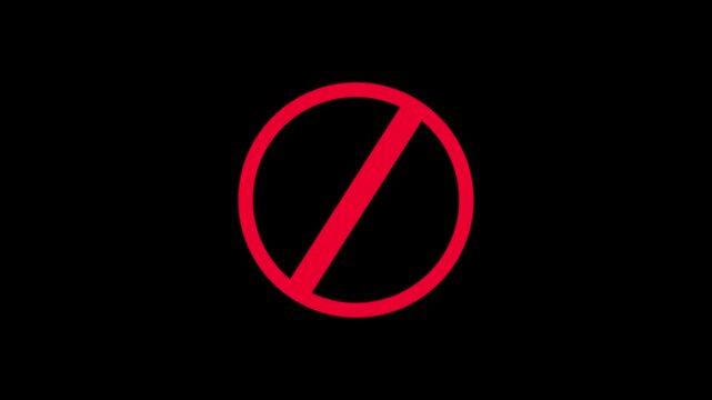  ban icon animation stop wrong problem attention carfull warning animated. Neon Prohibition Forbidden Sign on Black Background.