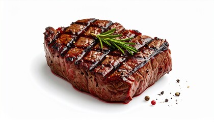 Perfectly grilled steak with rosemary is a delicious and appetizing food photograph ideal for restaurant menus or cooking blogs.