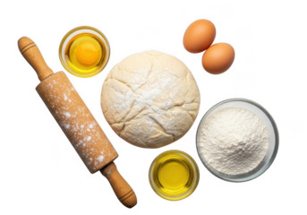 Ingredients for baking dough including a ball of raw dough, rolling pin, eggs, flour, and oil, isolated on transparent background