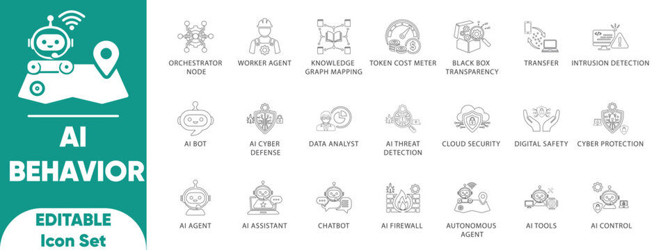 AI Behavior and Machine Learning Line Icon Set featuring Neural Networks, Algorithms, Data Processing, Deep Learning, Robotics, and Artificial Intelligence Symbols for Tech Vector Design.