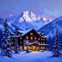 Mountain Hotel Exterior &ndash; Oil Art Landscape