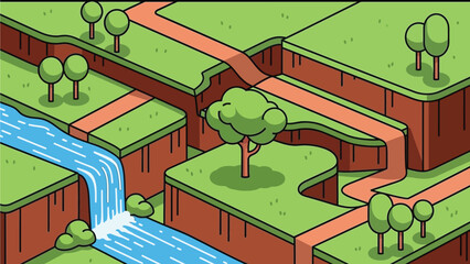 Cartoon landscape with winding river and pathways through green terrain