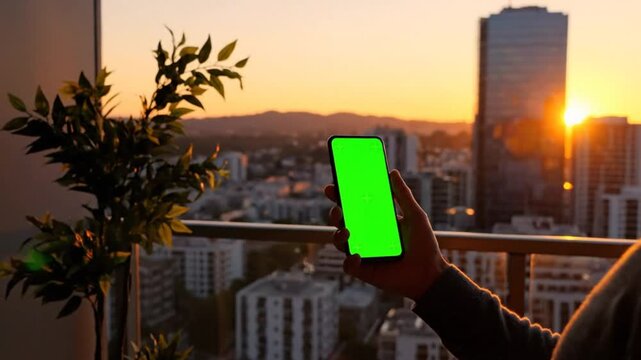 Person Using Smartphone with Green Screen on Balcony at Sunset Over City Buildings, Tracking Points