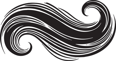 Stylized black and white vector illustration of flowing hair or ocean waves. Features elegant, dynamic curved lines that suggest movement, texture, and grace.