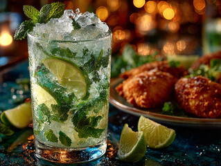 a glass filled with a cocktail made of lime slices, mint leaves, and ice, garnished with a sprig of mint. In the background, there is a plate of fried food, possibly chicken or fish cakes