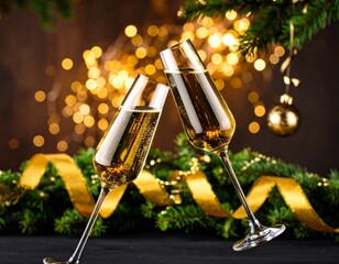 Gold adorned champagne glasses celebrating New Year's Eve for 2026, with festive decorations