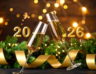 Gold adorned champagne glasses celebrating New Year's Eve for 2026, with festive decorations