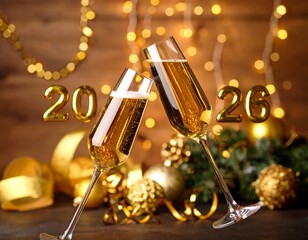Gold adorned champagne glasses celebrating New Year's Eve for 2026, with festive decorations
