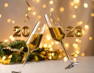 Gold adorned champagne glasses celebrating New Year's Eve for 2026, with festive decorations