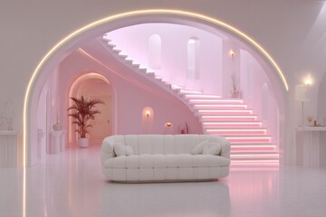 White couch in modern pink interior with staircase and archway