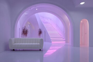 White couch in purple room with arched doorway and staircase