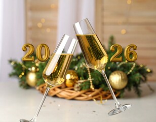 Gold adorned champagne glasses celebrating New Year's Eve for 2026, with festive decorations