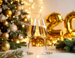 Gold adorned champagne glasses celebrating New Year's Eve for 2026, with festive decorations