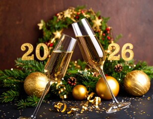 Gold adorned champagne glasses celebrating New Year's Eve for 2026, with festive decorations