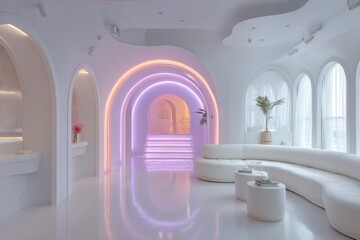White curved interior with purple and orange neon lights