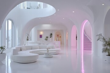 White curved interior with pink staircase and modern furniture