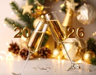 Gold adorned champagne glasses celebrating New Year's Eve for 2026, with festive decorations