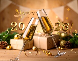 Gold adorned champagne glasses celebrating New Year's Eve for 2026, with festive decorations