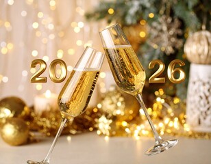 Gold adorned champagne glasses celebrating New Year's Eve for 2026, with festive decorations