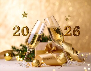 Gold adorned champagne glasses celebrating New Year's Eve for 2026, with festive decorations
