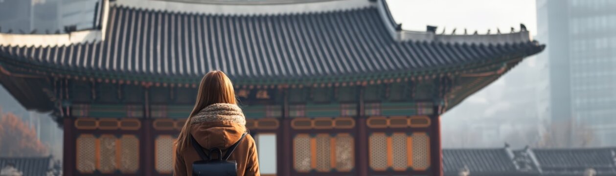 A person stands before Jogyesa temple, a traditional Asian temple, admiring its architecture against a backdrop of modern city structures, world travel with space for text