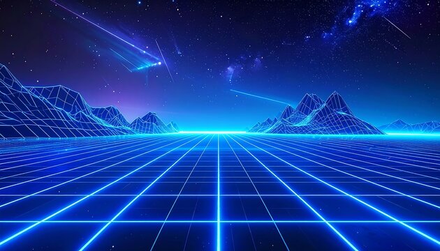 Futuristic grid landscape under a vibrant starry night sky with shooting stars - Powered by Adobe