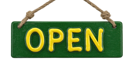 Green wooden open sign hanging with rope for shop store business entrance display isolated on white background