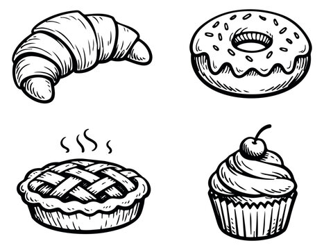 Hand drawn bakery set featuring a croissant, donut, pie, and cupcake for menu design
