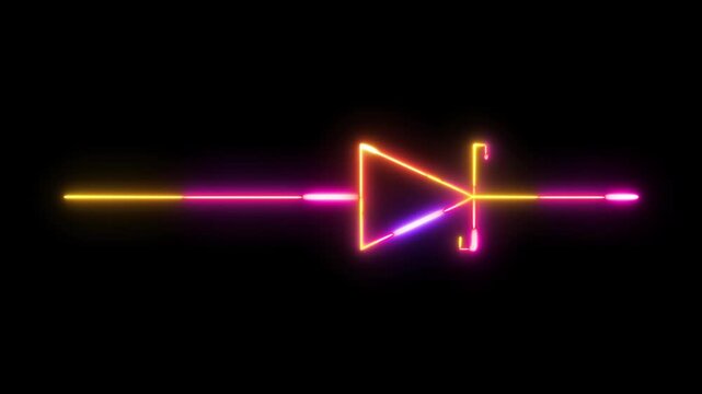 Neon Glowing Schottky Diode Symbol Animation with Colorful Electric Light Lines on Black Background, Electronic Circuit Component Illustration, Futuristic Technology Glow Loop for Engineering,