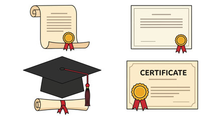A collection of graduation certificates and diplomas with a mortarboard hat