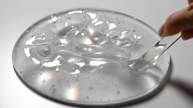 Manipulating clear slime with a hand. Perfect for backgrounds, science projects, texture overlays, or creative concept designs related to fluidity.