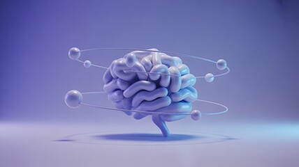A stylized 3D rendering of a human brain with orbiting spheres, representing thought, science, and neural activity.
