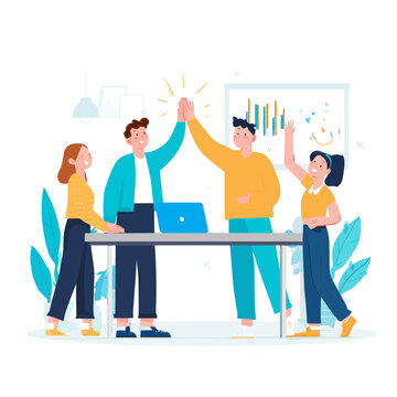 A team giving high fives after accomplishing a project