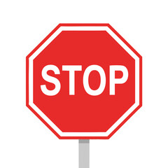 A red octagon sign, white border,  "STOP" text, mounted on a gray pole
