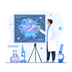 Scientist in a lab observing and pointing at cell structure
