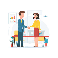 Two business partners shaking hands inside an office