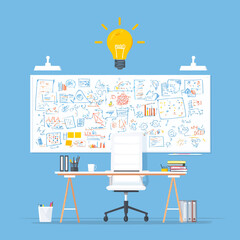 Whiteboard With Ideas and Desk Showing Conceptual Thoughts