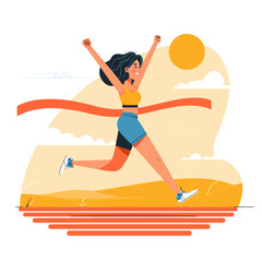 Woman celebrating victory after crossing finish line in marathon