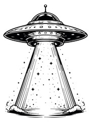 Hand drawn illustration of a flying saucer depicting an energy beam for science fiction concepts