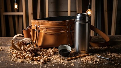 A professional leather tool pouch on a wooden workbench surrounded by wood curls, a pencil, and a steaming metal thermos.