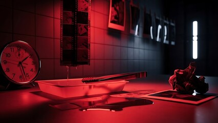 35mm film strips hanging over a developing tray with tongs and an alarm clock under a mysterious red safelight in a photo lab.