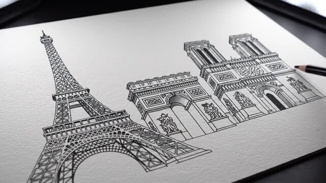A hand draws Parisian landmarks, an Eiffel Tower and Arc de Triomphe, with a pencil on paper