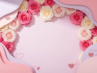 Valentine Background with Heart-Shaped Frame of Roses and Soft Pink Hues