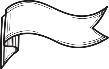 A classic black and white hand-drawn vector of a waving ribbon banner. Features elegant curves, swallowtail ends, and detailed hatching for a vintage scroll or parchment effect.