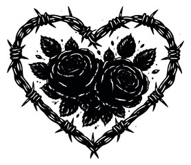 Hand drawn gothic illustration of a barbed wire heart depicting roses and thorns for tattoo design