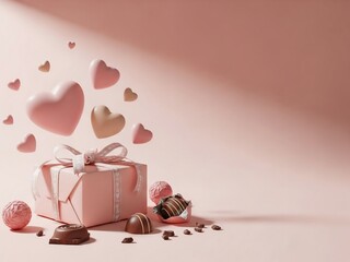 Romantic Valentine Background Scene with Gift Box and Hearts