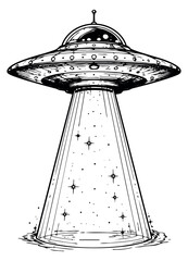 Hand drawn line art illustration of a flying saucer depicting an alien abduction beam for science fiction and mystery concepts