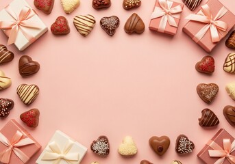 Valentine Background with Gifts and Chocolates on a Pink Table