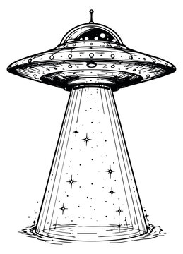 Hand drawn line art illustration of a flying saucer depicting an alien abduction beam for science fiction and mystery concepts